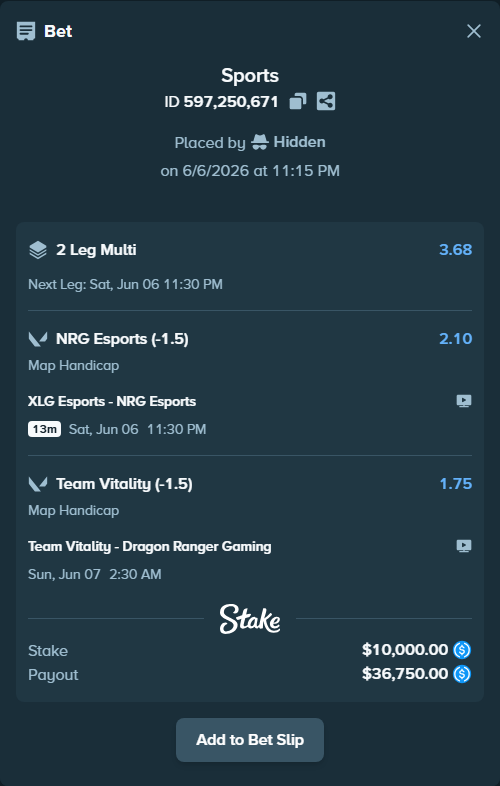 Bet slip: XLG Esports - NRG Esports, $10,000.00 stake at 2.10 odds, placed by Hidden