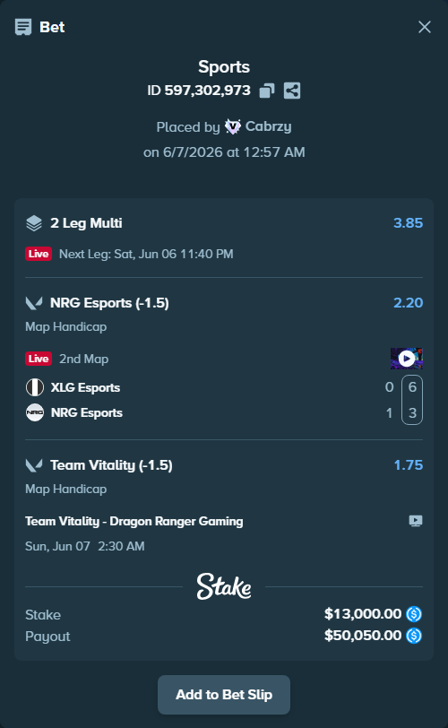 Bet slip: XLG Esports - NRG Esports, $13,000.00 stake at 2.20 odds, placed by Cabrzy