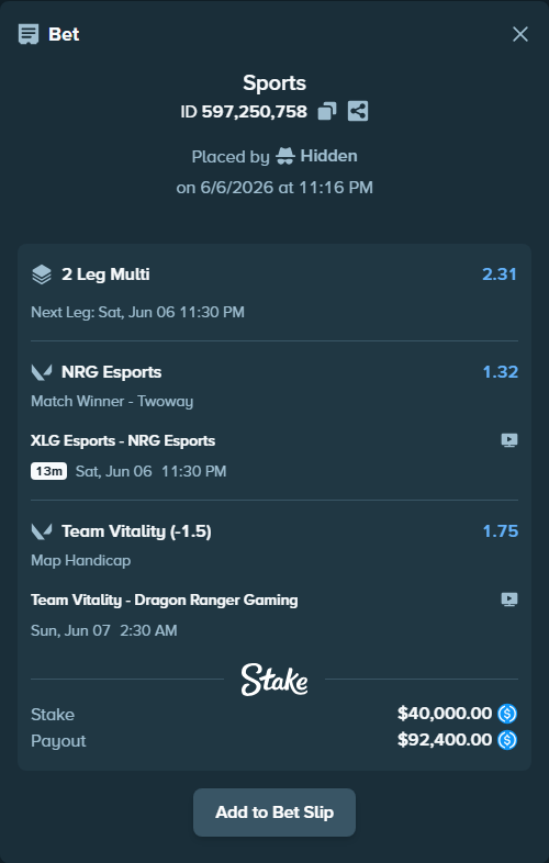 Bet slip: XLG Esports - NRG Esports, $40,000.00 stake at 1.32 odds, placed by Hidden