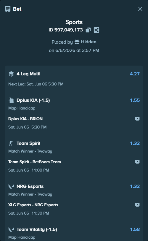 Bet slip: XLG Esports - NRG Esports, $50,000.00 stake at 1.32 odds, placed by Hidden