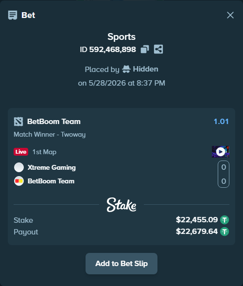 Bet slip: Xtreme Gaming - BetBoom Team, $22,500.00 stake at 1.01 odds, placed by Hidden