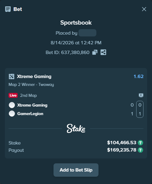 Bet slip: Xtreme Gaming - GamerLegion, $104,571.00 stake at 1.62 odds, placed by GoldenKot