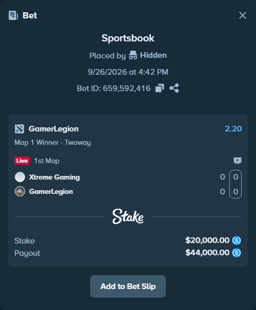 Bet slip: Xtreme Gaming - GamerLegion, $20,000.00 stake at 2.20 odds, placed by Hidden