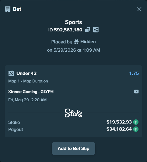 Bet slip: Xtreme Gaming - GLYPH, $19,572.00 stake at 1.75 odds, placed by Hidden