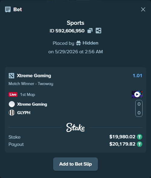 Bet slip: Xtreme Gaming - GLYPH, $20,000.00 stake at 1.01 odds, placed by Hidden