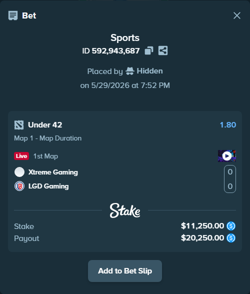 Bet slip: Xtreme Gaming - LGD Gaming, $11,250.00 stake at 1.80 odds, placed by Hidden