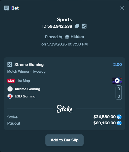 Bet slip: Xtreme Gaming - LGD Gaming, $34,580.00 stake at 2.00 odds, placed by Hidden