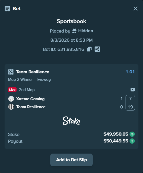 Bet slip: Xtreme Gaming - Team Resilience, $50,000.00 stake at 1.01 odds, placed by Hidden