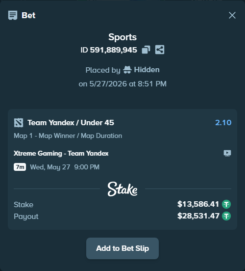 Bet slip: Xtreme Gaming - Team Yandex, $13,600.00 stake at 2.10 odds, placed by Hidden