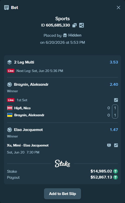 Bet slip: Xu, Mimi - Elsa Jacquemot, $15,000.00 stake at 1.47 odds, placed by Hidden