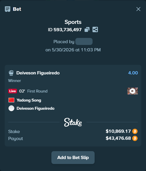 Bet slip: Yadong Song - Deiveson Figueiredo, $9,495.32 stake at 4.00 odds, placed by theoutlaw