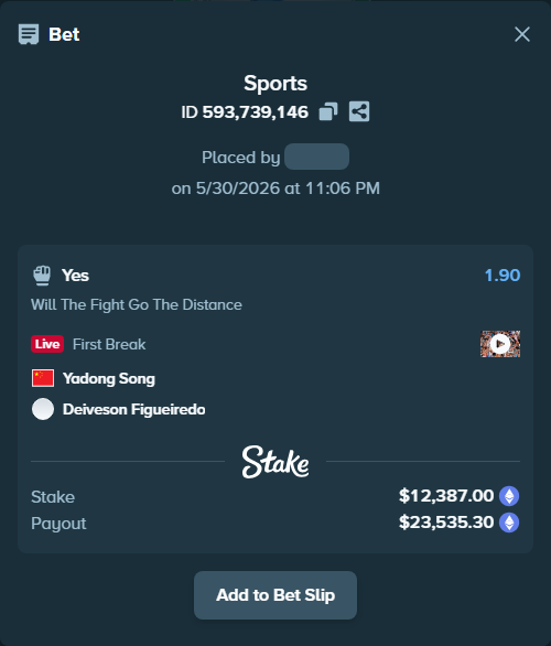 Bet slip: Yadong Song - Deiveson Figueiredo, $10,642.69 stake at 1.90 odds, placed by azosuka