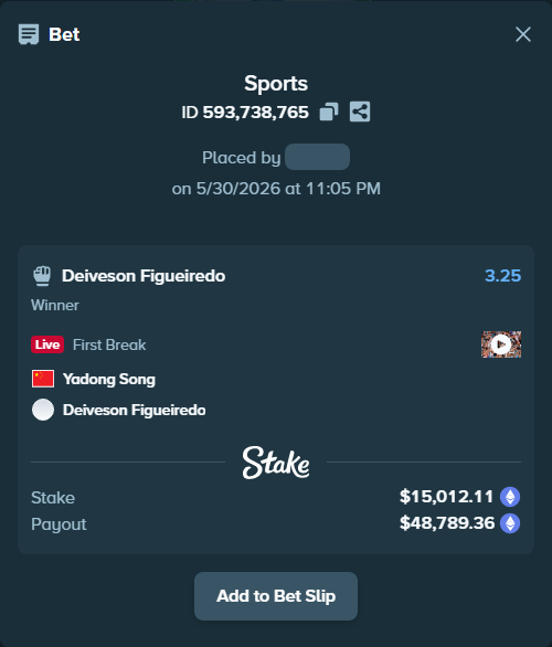 Bet slip: Yadong Song - Deiveson Figueiredo, $12,898.14 stake at 3.25 odds, placed by azosuka