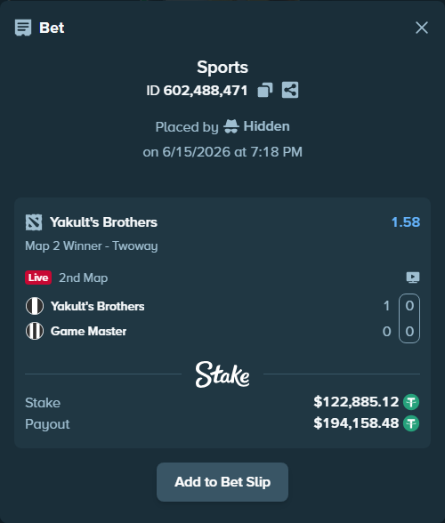 Bet slip: Yakult's Brothers - Game Master, $123,008.00 stake at 1.58 odds, placed by Hidden