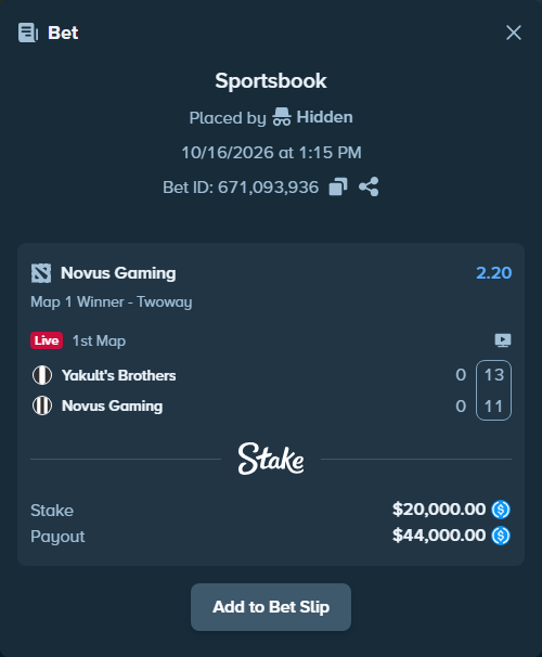 Bet slip: Yakult's Brothers - Novus Gaming, $20,000.00 stake at 2.20 odds, placed by Hidden