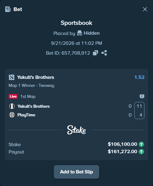 Bet slip: Yakult's Brothers - PlayTime, $106,100.00 stake at 1.52 odds, placed by Hidden