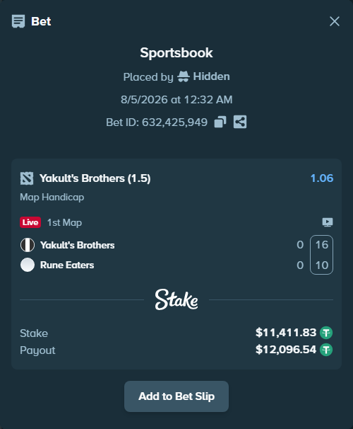 Bet slip: Yakult's Brothers - Rune Eaters, $11,423.24 stake at 1.06 odds, placed by Hidden