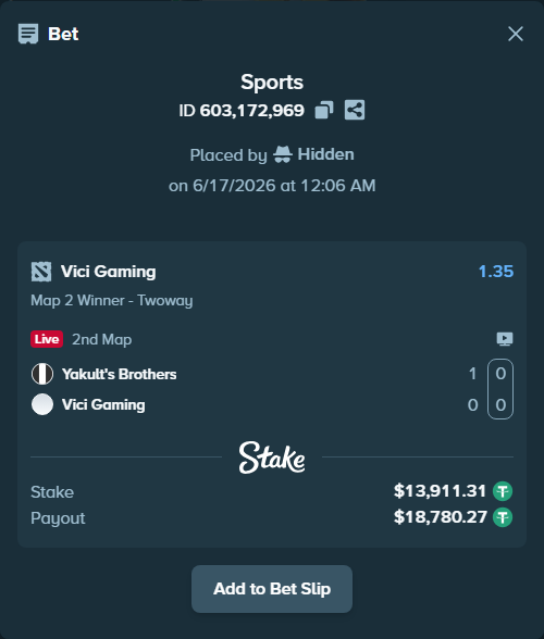 Bet slip: Yakult's Brothers - Vici Gaming, $13,925.22 stake at 1.35 odds, placed by Hidden