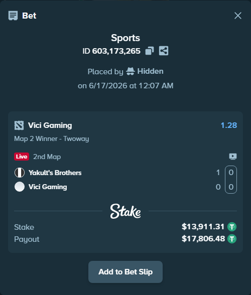 Bet slip: Yakult's Brothers - Vici Gaming, $13,925.22 stake at 1.28 odds, placed by Hidden