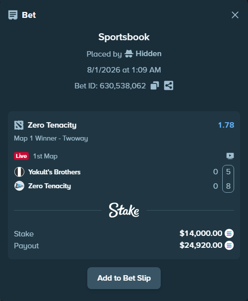 Bet slip: Yakult's Brothers - Zero Tenacity, $13,968.63 stake at 1.78 odds, placed by Hidden
