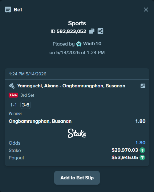 Bet slip: Yamaguchi, Akane - Ongbamrungphan, Busanan, $30,000.00 stake at 1.80 odds, placed by WinTr10