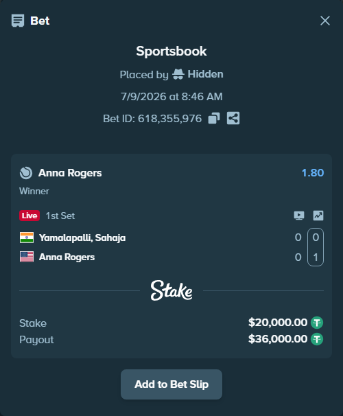 Bet slip: Yamalapalli, Sahaja - Anna Rogers, $20,020.00 stake at 1.80 odds, placed by Hidden