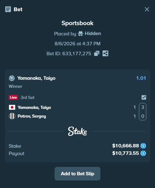 Bet slip: Yamanaka, Taiyo - Petrov, Sergey, $10,666.88 stake at 1.01 odds, placed by Hidden