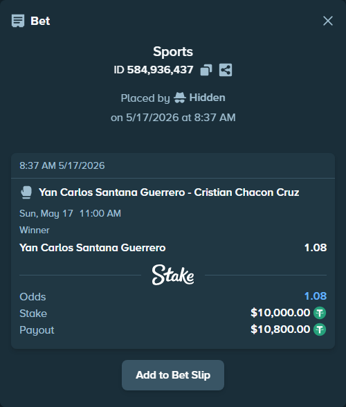 Bet slip: Yan Carlos Santana Guerrero - Cristian Chacon Cruz, $10,000.00 stake at 1.08 odds, placed by Hidden