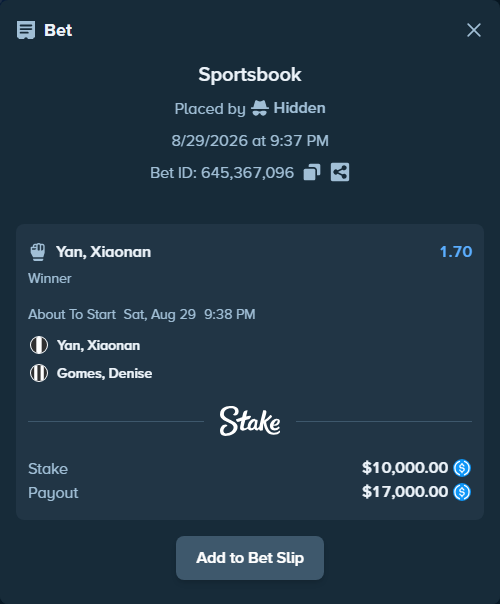 Bet slip: Yan, Xiaonan - Gomes, Denise, $10,000.00 stake at 1.70 odds, placed by Hidden