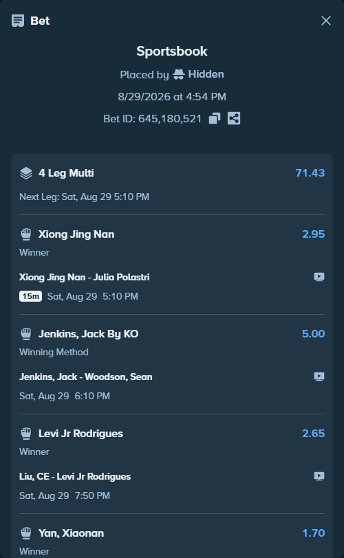 Bet slip: Yan, Xiaonan - Gomes, Denise, $10,051.00 stake at 1.70 odds, placed by Hidden