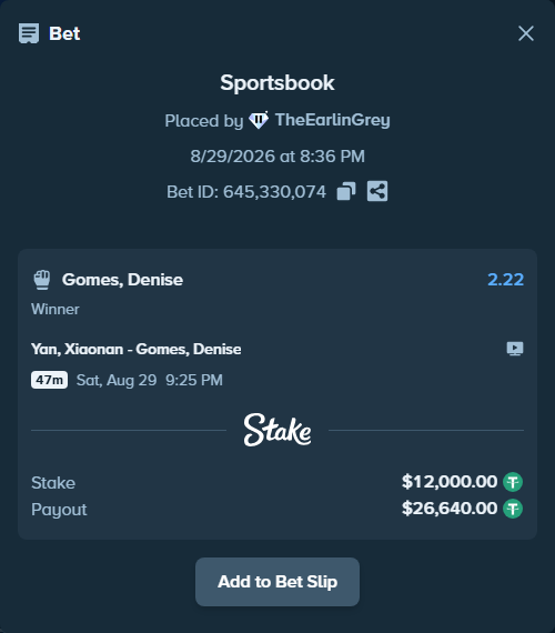Bet slip: Yan, Xiaonan - Gomes, Denise, $12,000.00 stake at 2.22 odds, placed by TheEarlinGrey