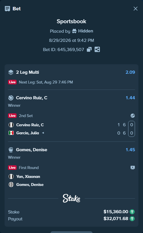 Bet slip: Yan, Xiaonan - Gomes, Denise, $15,360.00 stake at 1.45 odds, placed by Hidden