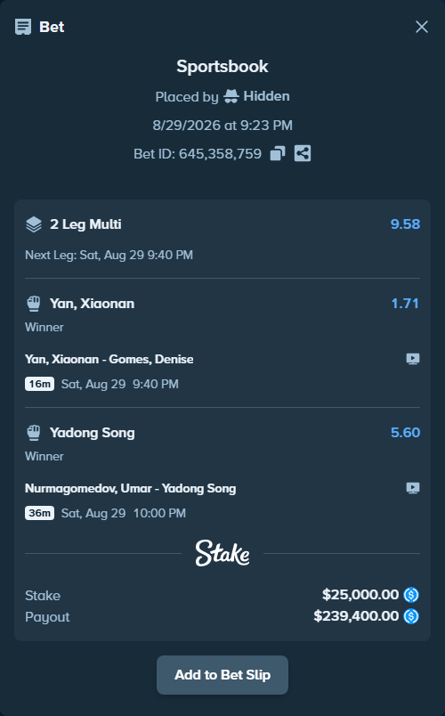 Bet slip: Yan, Xiaonan - Gomes, Denise, $25,000.00 stake at 1.71 odds, placed by Hidden