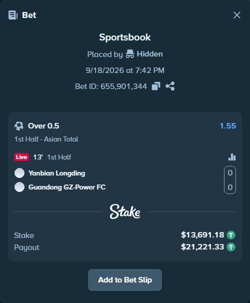 Bet slip: Yanbian Longding - Guandong GZ-Power FC, $13,704.87 stake at 1.55 odds, placed by Hidden