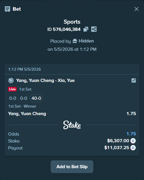 Bet slip: Yang, Yuan Cheng - Xia, Yue, $5,476.19 stake at 1.75 odds, placed by Hidden