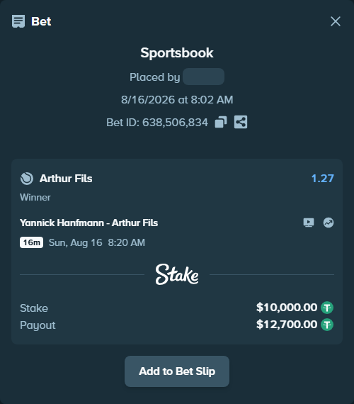 Bet slip: Yannick Hanfmann - Arthur Fils, $10,010.00 stake at 1.27 odds, placed by PimpoTheGreat
