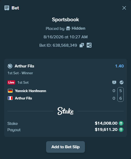 Bet slip: Yannick Hanfmann - Arthur Fils, $14,022.01 stake at 1.40 odds, placed by Hidden