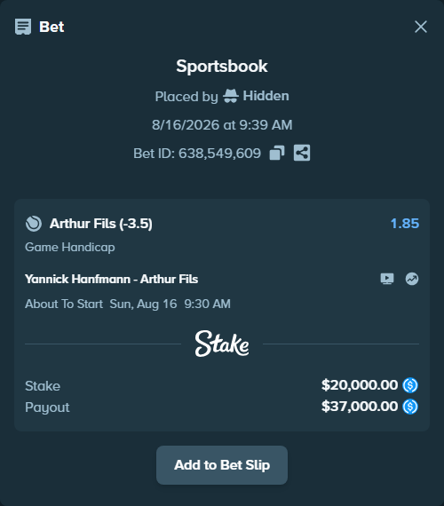 Bet slip: Yannick Hanfmann - Arthur Fils, $20,000.00 stake at 1.85 odds, placed by Hidden