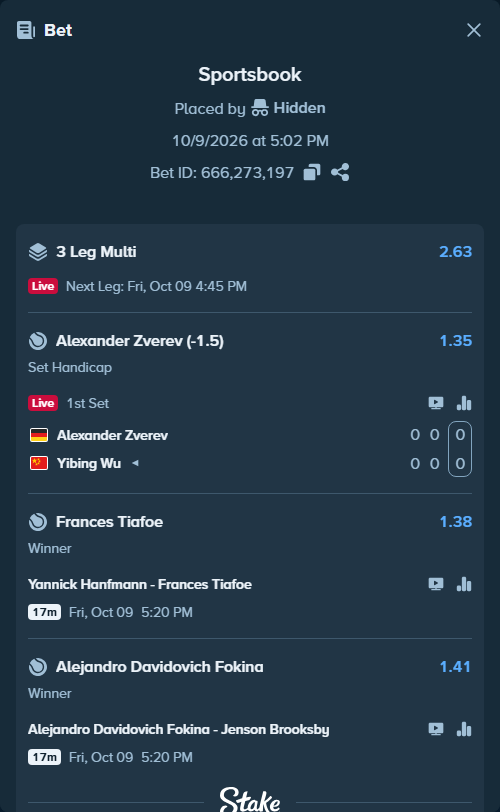 Bet slip: Yannick Hanfmann - Frances Tiafoe, $15,000.00 stake at 1.38 odds, placed by Hidden