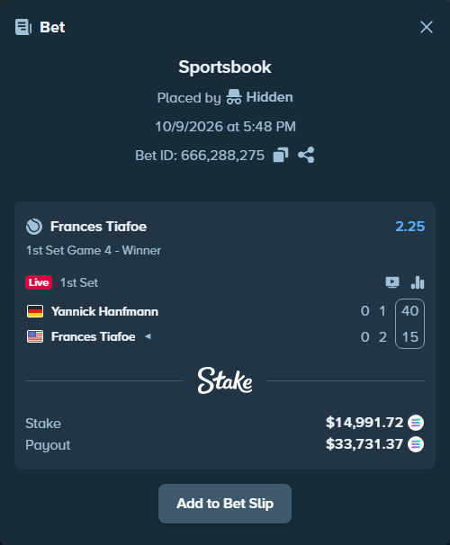 Bet slip: Yannick Hanfmann - Frances Tiafoe, $14,949.96 stake at 2.25 odds, placed by Prettylfacko98