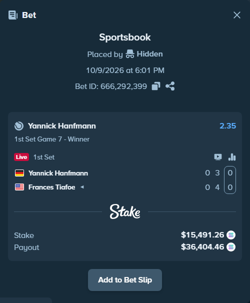 Bet slip: Yannick Hanfmann - Frances Tiafoe, $15,456.64 stake at 2.35 odds, placed by Prettylfacko98