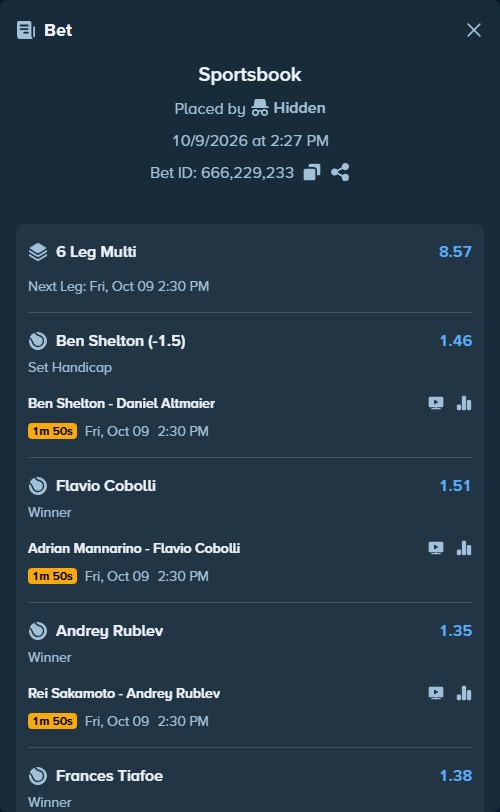 Bet slip: Yannick Hanfmann - Frances Tiafoe, $39,850.30 stake at 1.38 odds, placed by Hidden