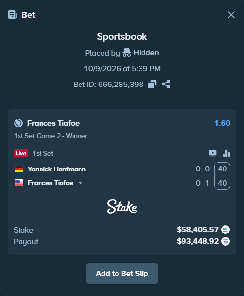 Bet slip: Yannick Hanfmann - Frances Tiafoe, $58,107.88 stake at 1.60 odds, placed by Prettylfacko98