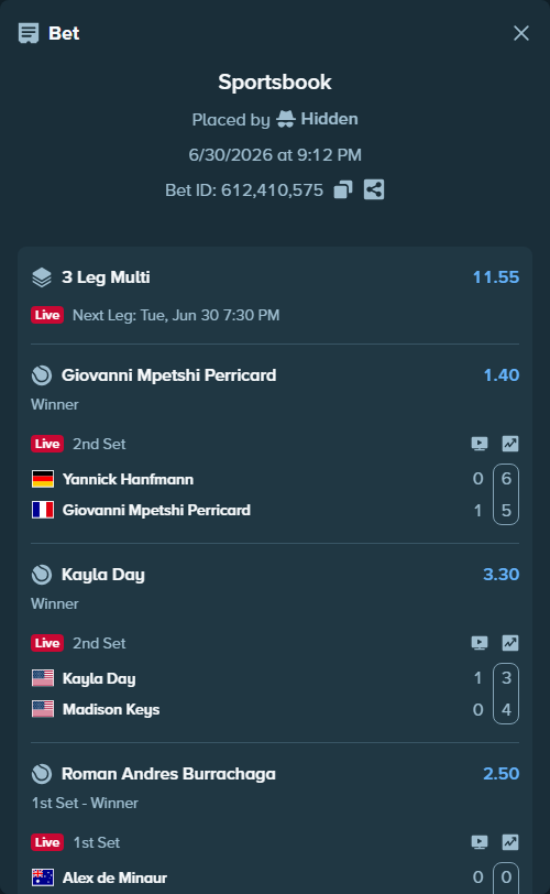 Bet slip: Yannick Hanfmann - Giovanni Mpetshi Perricard, $11,020.00 stake at 1.40 odds, placed by Hidden