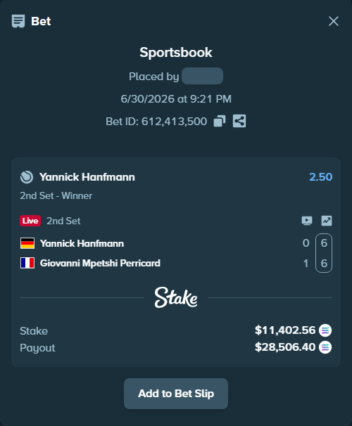 Bet slip: Yannick Hanfmann - Giovanni Mpetshi Perricard, $12,773.66 stake at 2.50 odds, placed by Prettylfacko98