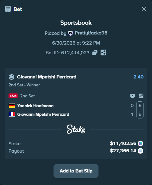 Bet slip: Yannick Hanfmann - Giovanni Mpetshi Perricard, $12,758.13 stake at 2.40 odds, placed by Prettylfacko98