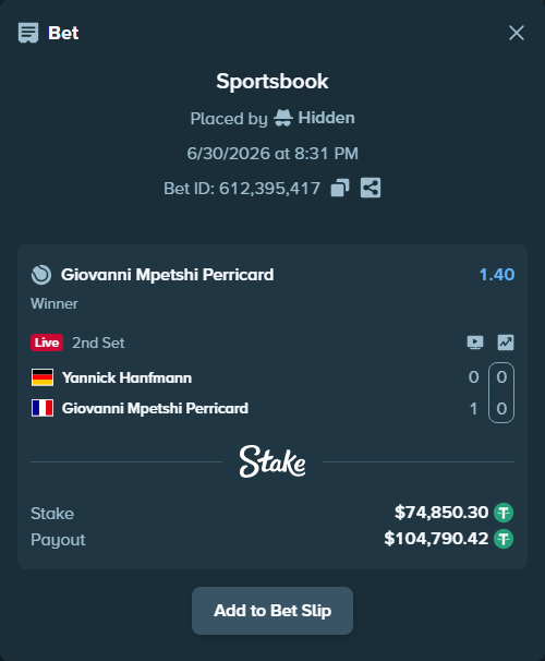 Bet slip: Yannick Hanfmann - Giovanni Mpetshi Perricard, $75,000.00 stake at 1.40 odds, placed by Hidden