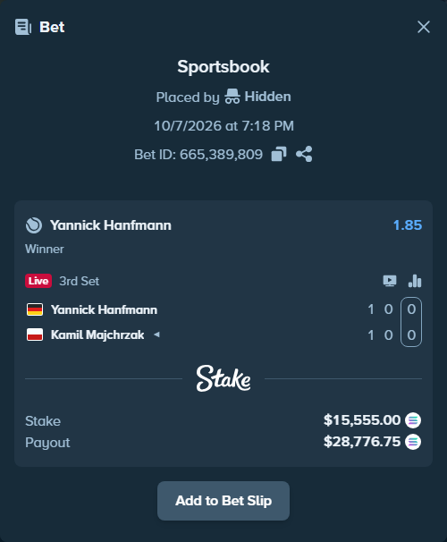 Bet slip: Yannick Hanfmann - Kamil Majchrzak, $15,324.71 stake at 1.85 odds, placed by Hidden