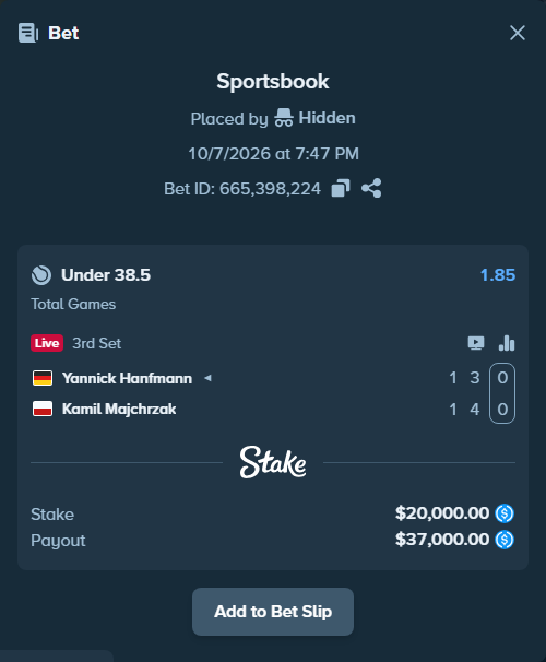 Bet slip: Yannick Hanfmann - Kamil Majchrzak, $20,000.00 stake at 1.85 odds, placed by Hidden