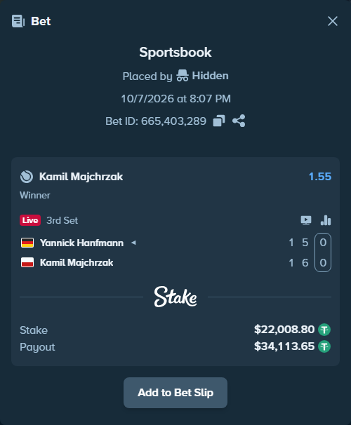 Bet slip: Yannick Hanfmann - Kamil Majchrzak, $22,000.00 stake at 1.55 odds, placed by diomancy